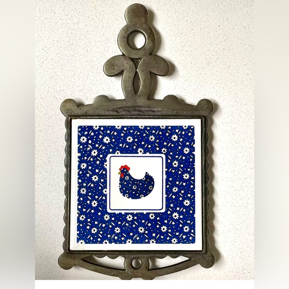 Vintage Cast Iron Trivet Ceramic Tile Hot Plate, Country Decor, Rooster/Chicken